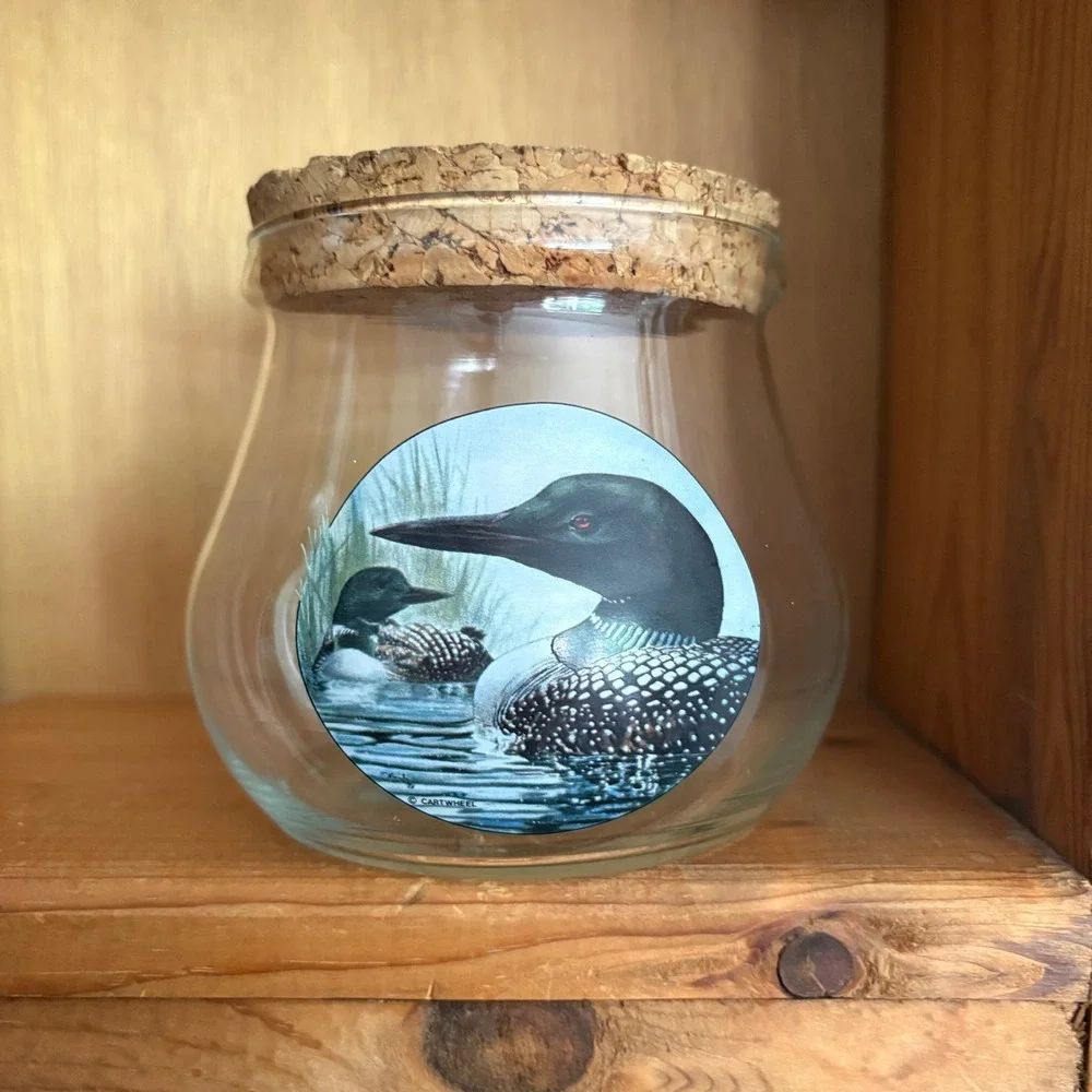 Vintage Cartwheel Loon Glass Jar with Cork Lid Cabin Decor Wildlife Canister